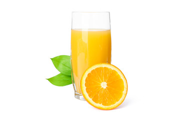 Glass of fresh orange juice with orange and leaves isolated on white background. Fresh natural drink
