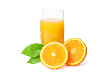 Glass of fresh orange juice with oranges and leaves isolated on white background. Fresh natural drink