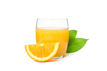 Glass of fresh orange juice with orange and leaves isolated on white background. Fresh natural drink