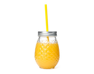 Glass jar with fresh orange juice and tubule isolated on white background. Fresh natural drink