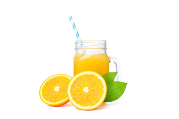 Glass jar with fresh orange juice and tubule, oranges with leaves isolated on white background. Fresh natural drink