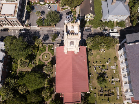 Aerial high angle view of historic Unitarian Church in downtown Charleston, South Carolina.