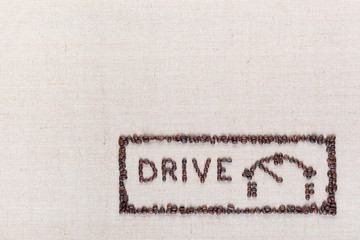 The word drive next to a fuel gauge in a rectangle made from coffee beans, aligned in the bottom right.
