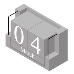 March 4th date on a single day calendar. Gray wood block calendar present date 4 and month March isolated on white background. Holiday. Season. Vector isometric illustration