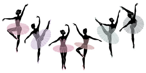 Collection. Silhouette of a cute lady, she is dancing ballet. The girl has a beautiful figure. Woman ballerina. Vector illustration set © Nataliia