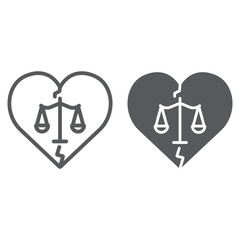 Divorce line and glyph icon, law and marriage, broken heart sign, vector graphics, a linear pattern on a white background.