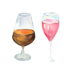 Two glasments for bars, shops, cafes, restaurantss glasses with cocktails. Watercolor illustration. Can be used as backgrounds, signs and advertise