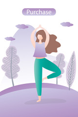 Woman standing in yoga pose,Yoga studio Banner with button
