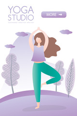 Woman standing in yoga pose,Yoga studio Banner with button or web page template