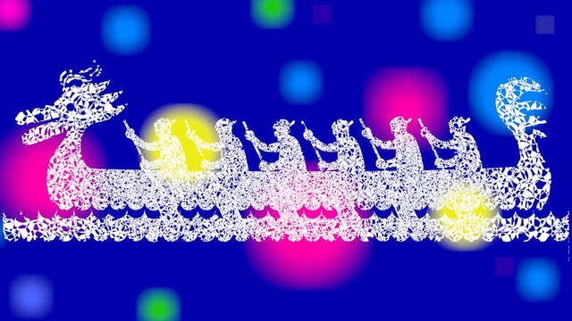 Boat with rowers on a colorful pulsating background and rotating rays. Dragon Boat Festival. Symbolic cartoon drawing. Dragon Boat Festival in China and Asia. Video screensaver.