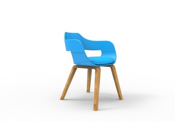 3D illustration rendering of a light blue round leather design chair with wooden legs in a white isolated studio background