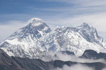 Fototapeta na wymiar Scenic view of Mount Everest 8,848 m and Lhotse 8,516 m at Renjo la pass during everest base camp trekking nepal