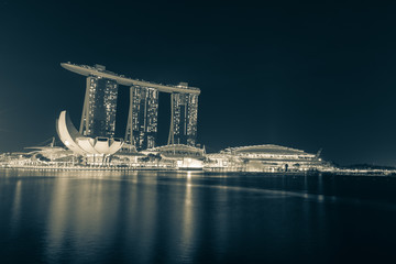 Evening view of Marina Bay Sands and the ArtScience Museum in Singapore