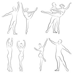 Collection. Silhouette of a ballet actor. The woman and the man have beautiful slender figures. Girl ballerina and boyfriend dancer. Vector illustration set