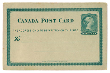Blanked Canadian historical Post Card with green patterned frame, Imprinted One Cent Queen Victoria Stamp, Dated 1878, Canada, the North  American colony of the British Empire