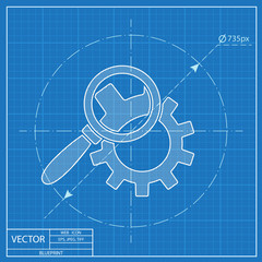 Cog wheels inspection vector blueprint icon. Configuration illustration