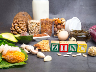Foods High in Zinc as scallop, shrimps, white cheese, dairy product, eggs, coconut, spinach,buckwheat, sesame, nuts, seeds, cocoa, garlic, bean avocado