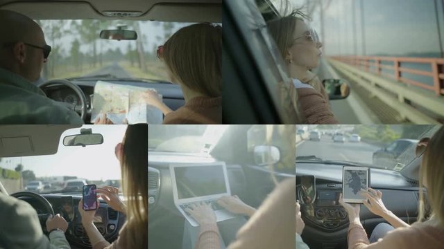 Collage of rear views of woman showing route to driver on phone, laptop, tablet and map, navigating, looking at window. Travel, holiday concept