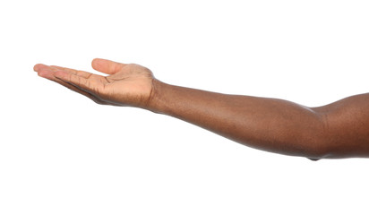 African-American man holding something in hand on white background, closeup