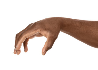 African-American man holding something in hand on white background, closeup