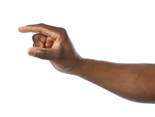 African-American man holding something in hand on white background, closeup