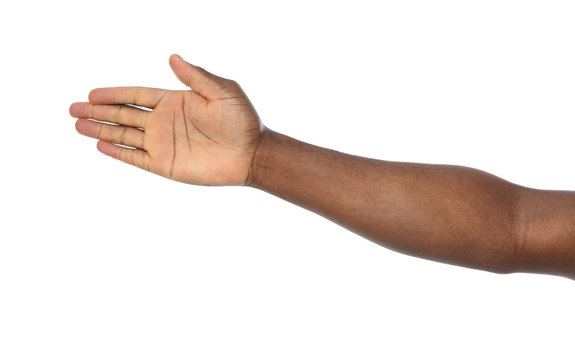 African-American man extending hand for shake on white background, closeup