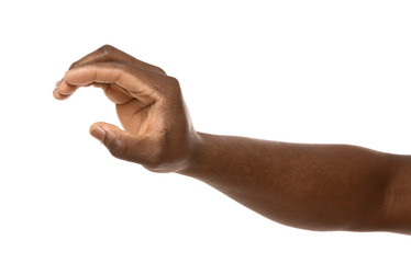 African-American man holding something in hand on white background, closeup