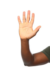 African-American man showing hand gesture on white background, closeup