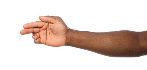 African-American man extending hand for shake on white background, closeup
