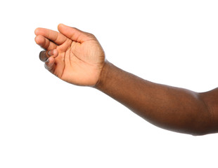 African-American man showing hand gesture on white background, closeup