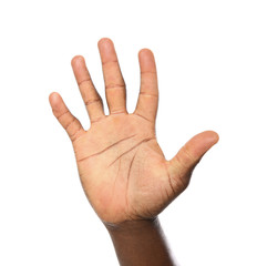 African-American man showing hand gesture on white background, closeup