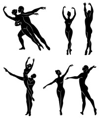 Collection. Silhouette of a ballet actor. The woman and the man have beautiful slender figures. Girl ballerina and boyfriend dancer. Vector illustration set