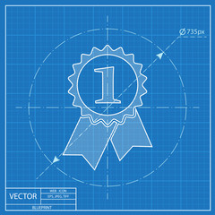 First prize badge with ribbons vector blueprint icon