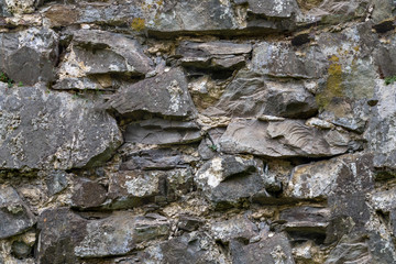 Seamless texture of high resolution of the old masonry of the wall from a block of gray granite, places covered with moss and mud. Useful for designer, architect and game developer