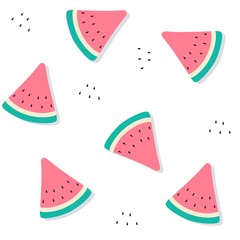 Seamless pattern of watermelon slices with seeds and drop shadow. Fresh summer fruit background
