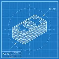 Cash money banknotes vector blueprint icon