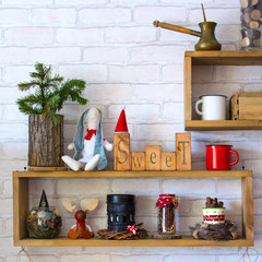 New Year's decor of wooden shelves