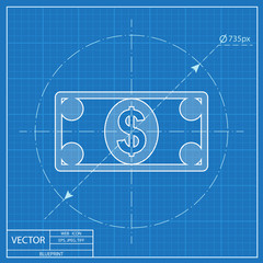 Cash paper money vector blueprint icon