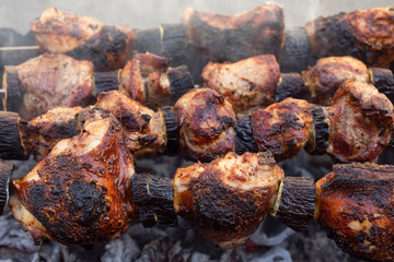 Obraz na płótnie Canvas Shashlik of meat and vegetables cooked on a spit. Shish kebab