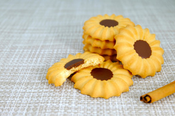 Group of round cookies, Chocolate cookies and cinnamon, Bakery on table