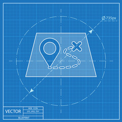 Route on a map with destination illustration. Adventures vector blueprint icon