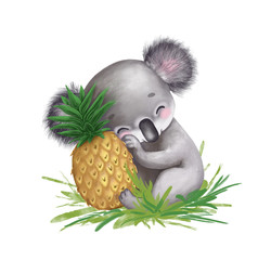 digital drawing of cute koala with pineapple, cartoon character © Lana