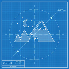 Mountains covered with snow at night illustration. Traveling vector blueprint icon.