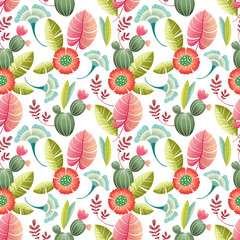 pattern with exotic flowers and leaves on a white background