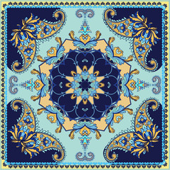 Abstract silk scarf pattern with paisley. Indigo traditional paisley pattern.