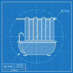 Shower curtain illustration. Bath household vector blueprint icon.