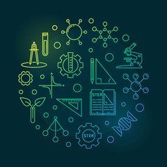 Science, Technology, Engineering and Math vector concept linear colored circular illustration on dark background
