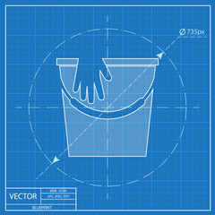 Bucket with rubber gloves illustration. House clean vector blueprint icon