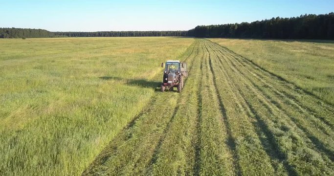 close motion above field haymaker mows grass leaving traces on boundless field under blue sky