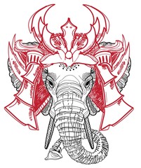 The samurai elephant. Samurai mask, an old Japanese mask. Freehand drawing in vintage style.